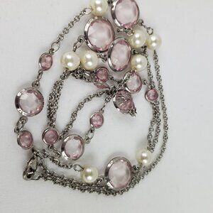 Pretty Silver Tone Imitation Pearl & Pink Rhinestone Accented Long Necklace